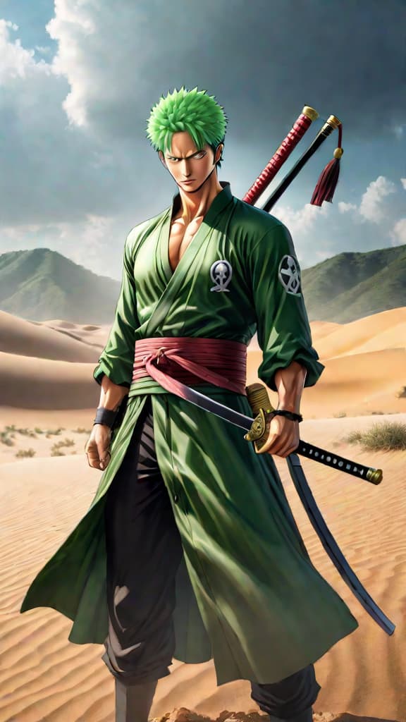  anime art of roronoa zoro from one piece struggling with directions in the alabasta desert. hyperrealistic, full body, detailed clothing, highly detailed, cinematic lighting, stunningly beautiful, intricate, sharp focus, f/1. 8, 85mm, (centered image composition), (professionally color graded), ((bright soft diffused light)), volumetric fog, trending on instagram, trending on tumblr, HDR 4K, 8K