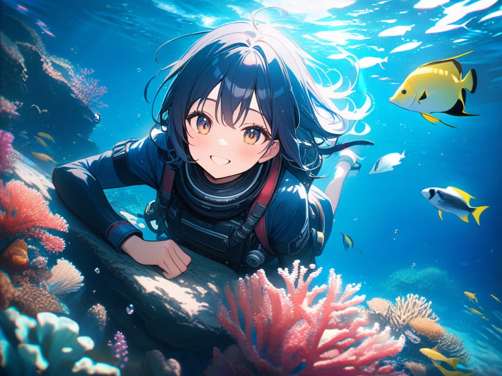  cute, cute, blue haired shortcut girls, scuba, tropical fish, corals, under sea, smiles, fun, masterpiece, best quality,8k,ultra detailed,high resolution,an extremely delicate and beautiful,hyper detail