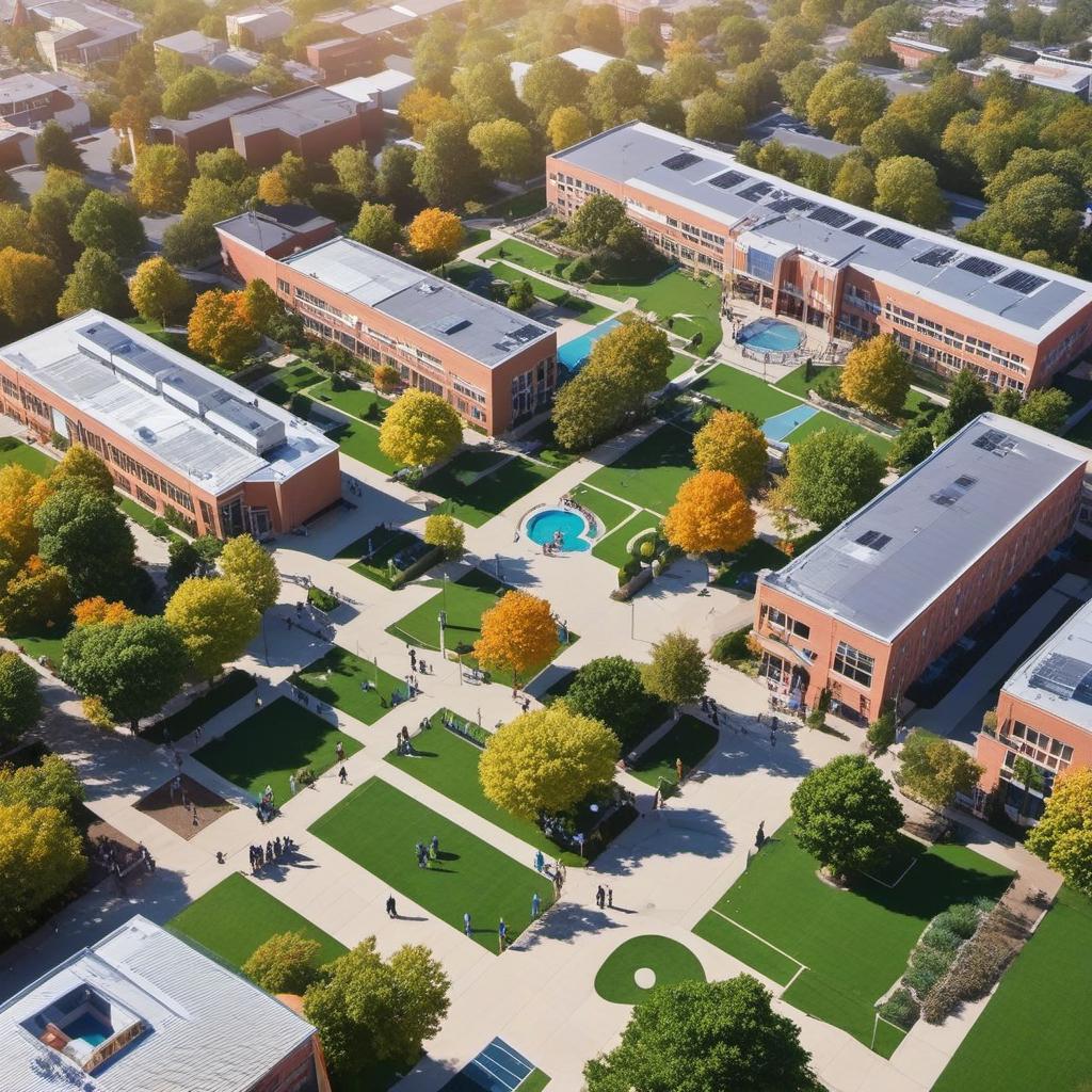  aerial image of high school courtyard with activities in the perfect suburbs , mystical style