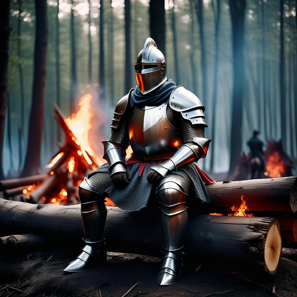  cinematic photo dark fantasy,huge knight,huge knight and the bonfire,huge knight is sitting on a log,atmospheric,wood . 35mm photograph, film, bokeh, professional, 4k, highly detailed, hkmagic