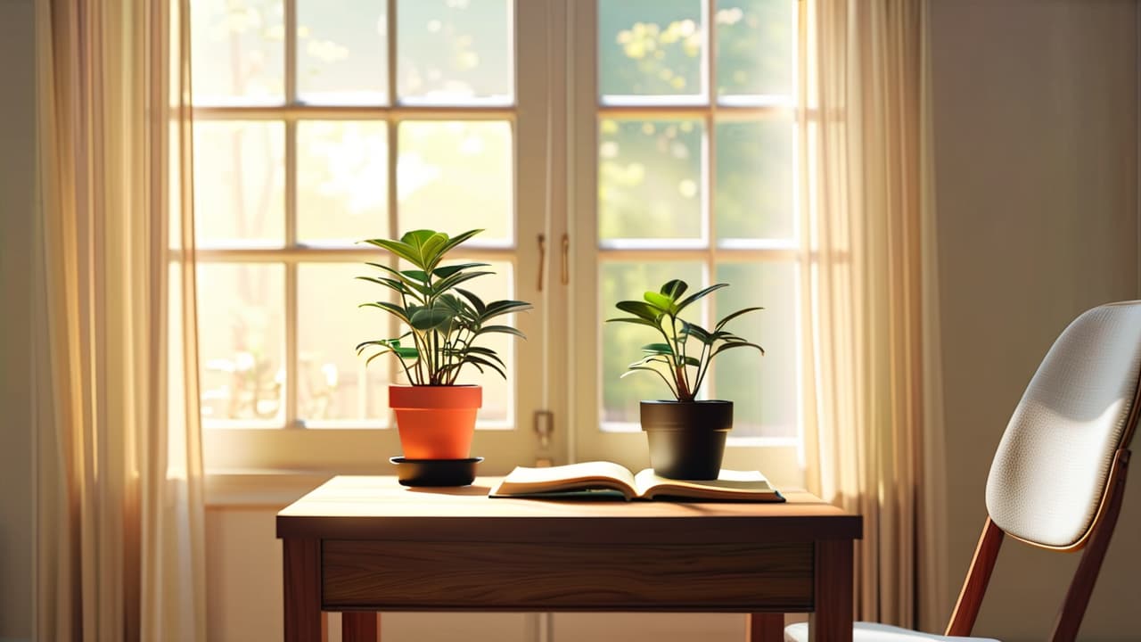  a serene, sunlit room with a single potted plant, a sleek wooden table with a journal and a minimalist chair, soft neutral tones, and large windows revealing a tranquil garden outside. hyperrealistic, full body, detailed clothing, highly detailed, cinematic lighting, stunningly beautiful, intricate, sharp focus, f/1. 8, 85mm, (centered image composition), (professionally color graded), ((bright soft diffused light)), volumetric fog, trending on instagram, trending on tumblr, HDR 4K, 8K