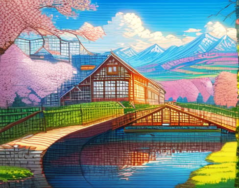  masterpiece,the best quality,small river,stone bridge,lush grassland,blooming flowers,willow trees blowing,distant mountains filled with clouds and mist,blue sky and white clouds,bright colors,dreamy visual effects,8k,