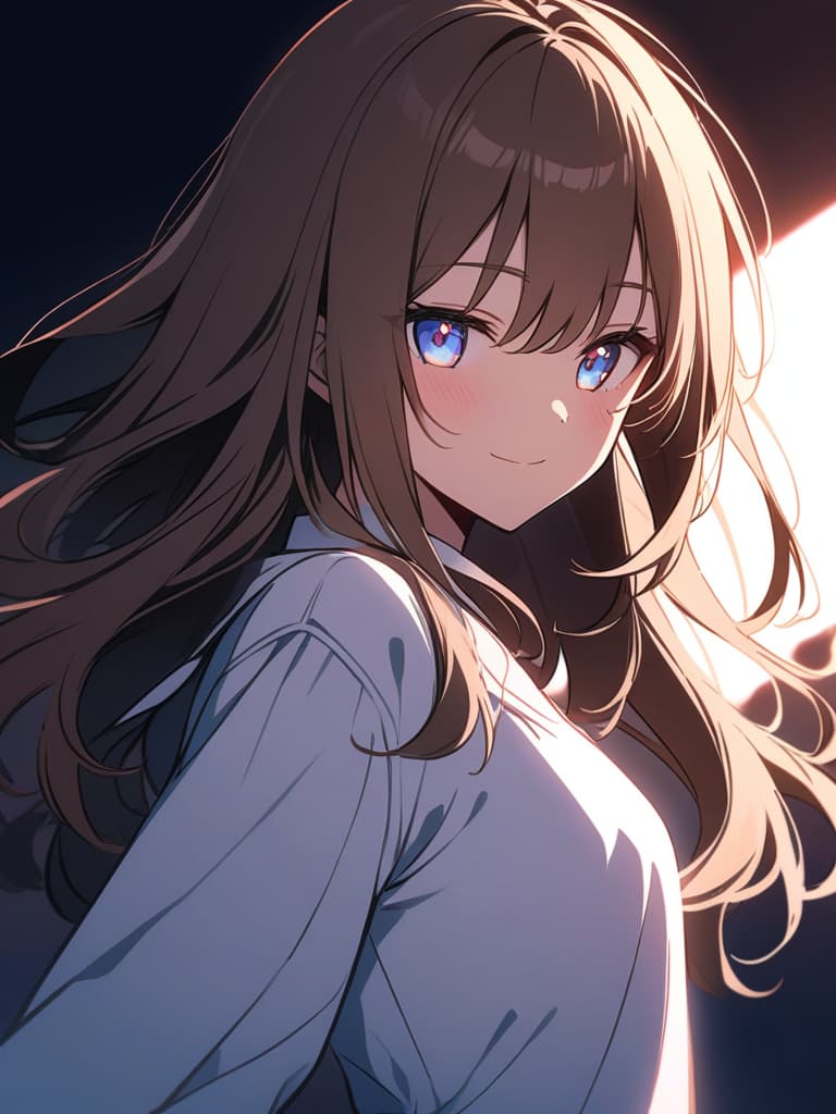  a beautiful brown haired girl,smile,long messy hair,ultra detailed,best shadow,beautiful detailed deep rainbow eyes,cute and beautiful face,shy smile,white shirt,upper body view,colorful,(masterpiece:1.2),(best quality:1.2),detailed background,high contrast,(best illumination,an extremely delicate and beautiful),((cinematic light)),hyper detail,dramatic light,intricate details,8k,anime,very aesthetic