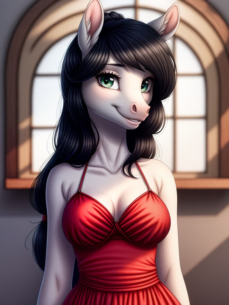  by Hioshiru, best quality, masterpiece, details, HDR, 4K, A female pony, female, (mammal, equine, equid), black hair, green eyes, detailed pupils, eyelashes, seductive eyes, perfect eyes, open eyes), anatomically correct, (red dress), front view, (A profil face of, smiling at viewer:1.2), (cute, smaller female:1.2), chubby, open eyes, masterpiece, 4k, fine details,