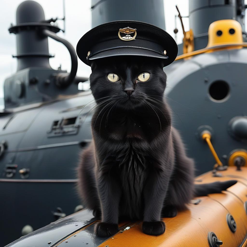  black cat in a black cap on a submarine