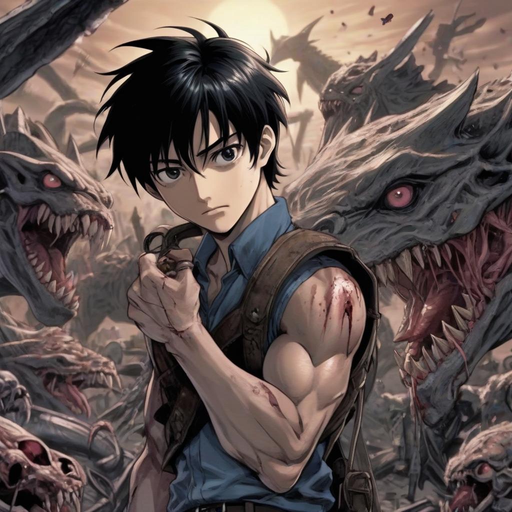  the main character, kaito hanada, an ordinary japanese student with black hair, finds himself in the body of this strong but weakened creature, surrounded by the remnants of a once powerful army of darkness.