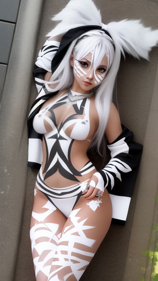  Silver Chessboard check body paint in every corner of the body, White body paint all over the body,White face paint on the face, Dark elf 女の子