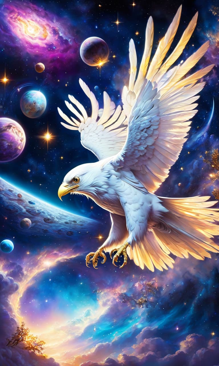  space themed (masterpiece, photorealism, surrealism art:1. 3), oil painting. (distant background:1,3). magnificent fairy tale bird ((white raven)) with luxurious wings and golden crown (soaring) in space, holographic scene, white raven, meticulous drawing of bird, wings open, parade of planets floating overhead, intricate details on each planet, rings and moons visible, surreal atmosphere, splash art style, spark and glow effects, hallucinatory elements, high resolution, best quality, dreamy setting, bright colors, space background, swirling stars and galaxies, ethereal glow, mesmerizing and otherworldly, detailed and realistic textures, mesmerizing and enchanting composition. gorgeous, painterly, mysterious, magical, magical, fantasy compo