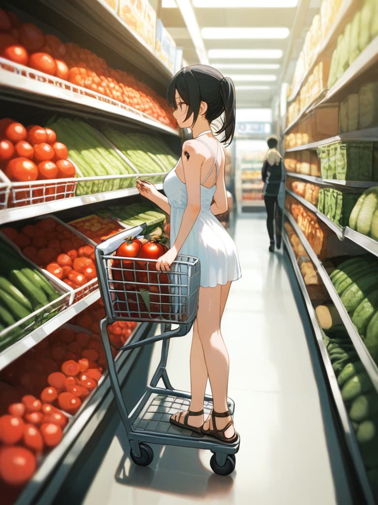  with tomatoes, blonde ponytails, white headphones, snakes on the legs, whole body, walking figure, girls on their arms, girls wearing white dresses, shopping carts, pressing shopping carts, gestures, shopping carts. is contained eggplant and celery, a small wing tattoo on the back, a snake tattoo on the thigh, a snake tattoo on the thigh, a thick bottom sandals., masterpiece, best quality,8k,ultra detailed,high resolution,an extremely delicate and beautiful,hyper detail