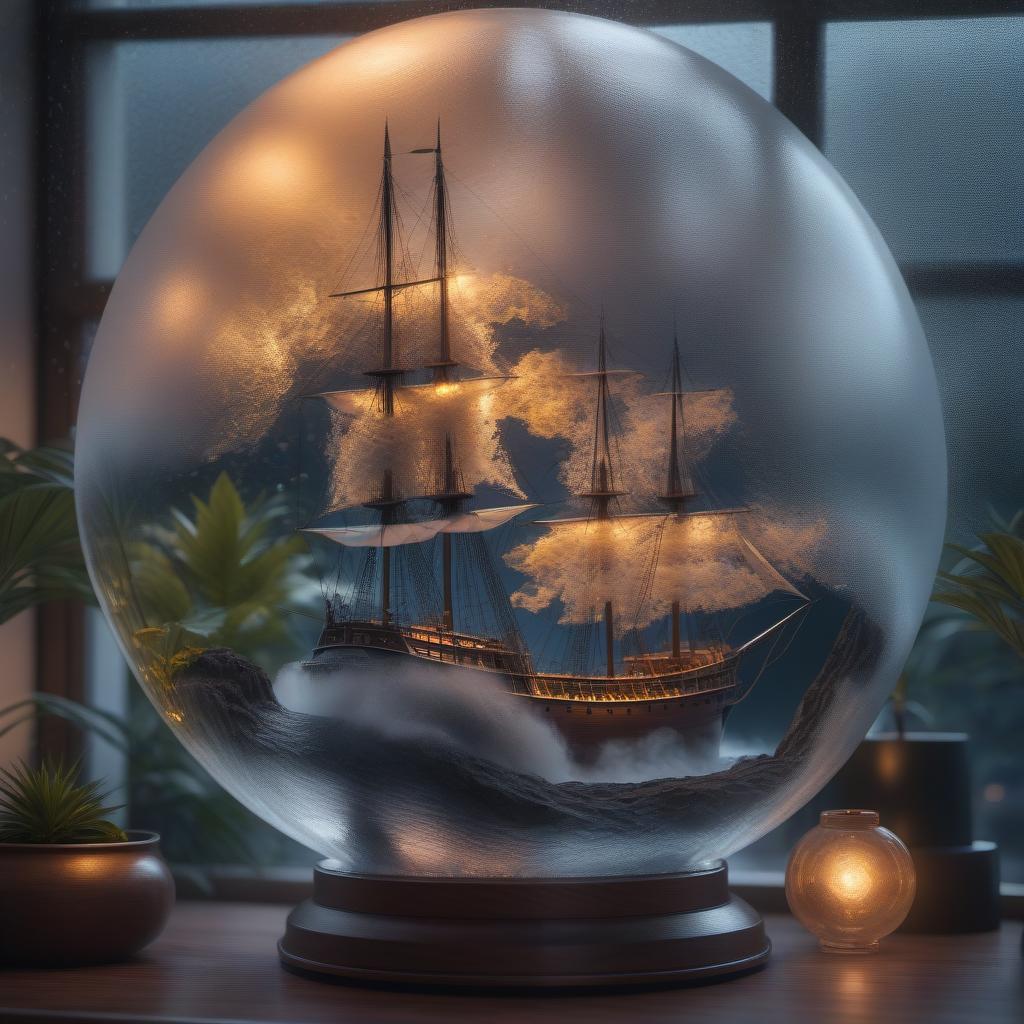  miniature sailing ship sailing in a heavy storm inside of a horizontal glass globe inside on a window ledge golden hour, home photography, 50mm, Sony Alpha a7 hyperrealistic, full body, detailed clothing, highly detailed, cinematic lighting, stunningly beautiful, intricate, sharp focus, f/1. 8, 85mm, (centered image composition), (professionally color graded), ((bright soft diffused light)), volumetric fog, trending on instagram, trending on tumblr, HDR 4K, 8K