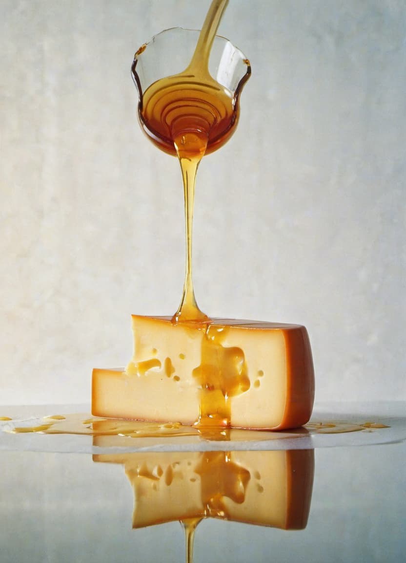  cheese is poured with honey a beautiful reflection of the cheese light background, film photography style