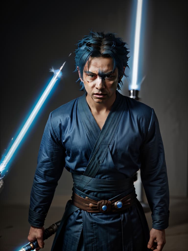  super saiyan, blue hair, jedi, jedi's clothes, handsome men, upright hair, intense anger at the emperor, one blue lightsaber, masterpiece, best quality,8k,ultra detailed,high resolution,an extremely delicate and beautiful,hyper detail