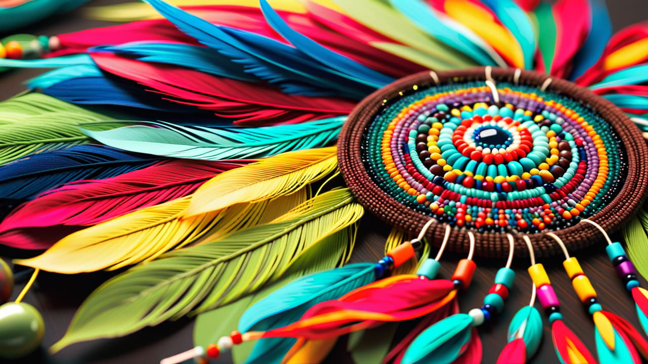  a vibrant close up of intricate native american beadwork, showcasing colorful patterns and textures, with traditional symbols woven into the design. surrounding natural elements like feathers and stones enhance the cultural significance. hyperrealistic, full body, detailed clothing, highly detailed, cinematic lighting, stunningly beautiful, intricate, sharp focus, f/1. 8, 85mm, (centered image composition), (professionally color graded), ((bright soft diffused light)), volumetric fog, trending on instagram, trending on tumblr, HDR 4K, 8K