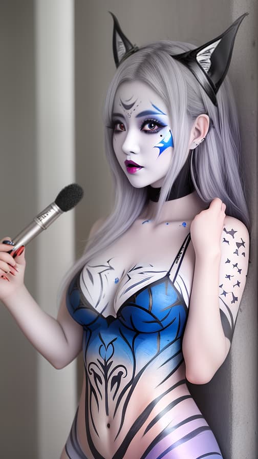  silver and blue bat pattern body paint in every corner of the body, Grey body paint all over the body, grey face paint on the face, Two dark elfs, full body image 女性