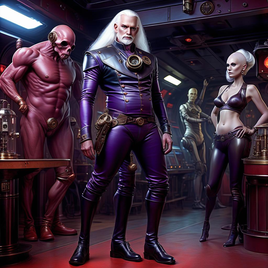  nautical themed a group of space truckers, a young alien, 20 year, purple skin, large size elastic , elegant thin waist, long slender legs, white hair. man, 40 year, small, fat, bald, black. next to the droid and minotaur. full length image, steampunk, dieselpunk, paropunk, standing in a tavern, against a background of red light. . sea, ocean, ships, maritime, beach, marine life, highly detailed