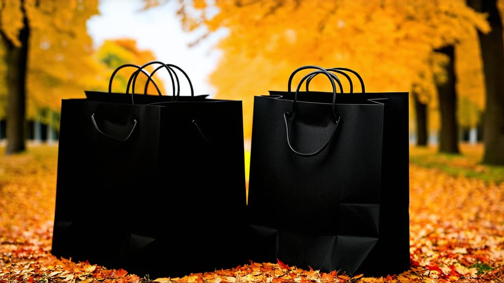  black paper bags with shopping bags stand against an autumn background ar 16:9 {prompt}, maximum details