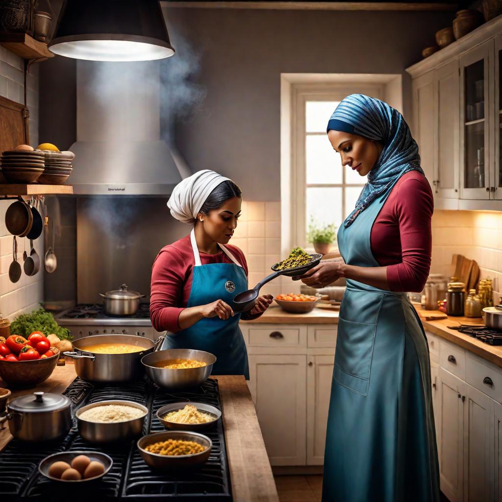  a woman in a headscarf is cooking in the kitchen with her child hyperrealistic, full body, detailed clothing, highly detailed, cinematic lighting, stunningly beautiful, intricate, sharp focus, f/1. 8, 85mm, (centered image composition), (professionally color graded), ((bright soft diffused light)), volumetric fog, trending on instagram, trending on tumblr, HDR 4K, 8K