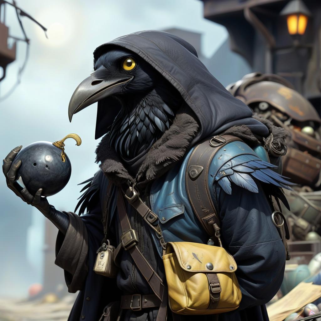  dystopian style black with blue tint avian humanoid race with raven head alchemist, cape, mischievous yellow eyes, smiling, rags and leather cloak with lots of pockets, big backpack with pockets, black bowling ball in hand . bleak, post apocalyptic, somber, dramatic, highly detailed, civitai