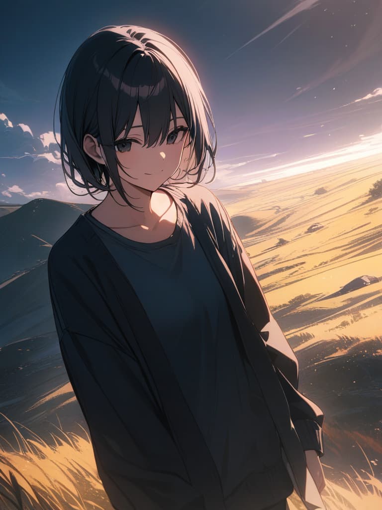  men, bad eyes, black hair, black eyes, whole body, smile, two months behind, one person, long neckline, sunny, standing on plains, masterpiece, best quality,8k,ultra detailed,high resolution,an extremely delicate and beautiful,hyper detail