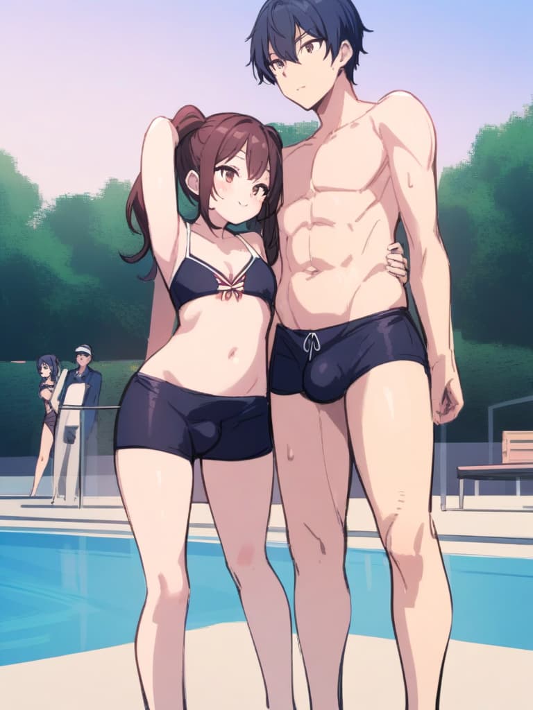  women's elementary students (with male), twin tails, cute smiles, rich s, short stature, dark blue swimwear, old swimwear, swimwear, simple, (swelling), upward, (bulge), front, whole body, pool side,