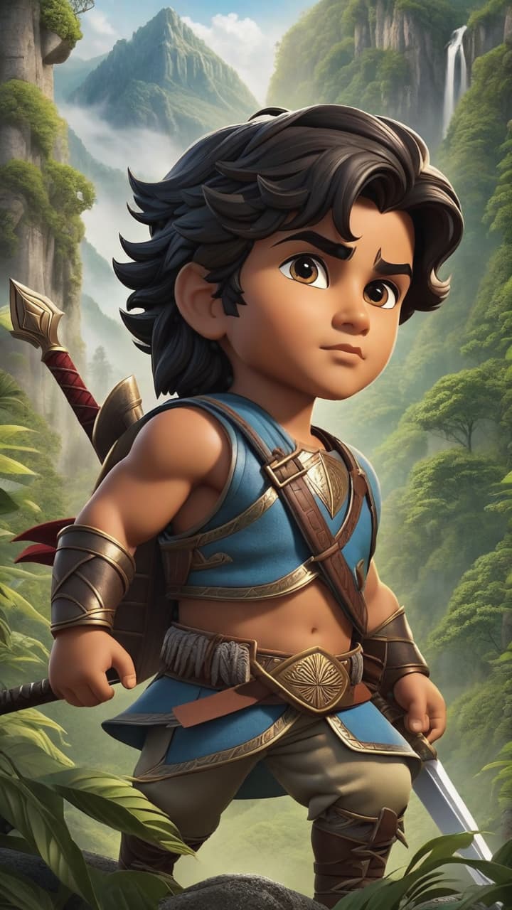  a young warrior named thiago embarks on a perilous journey through towering mountains and dense forests, his determination shining in his eyes.