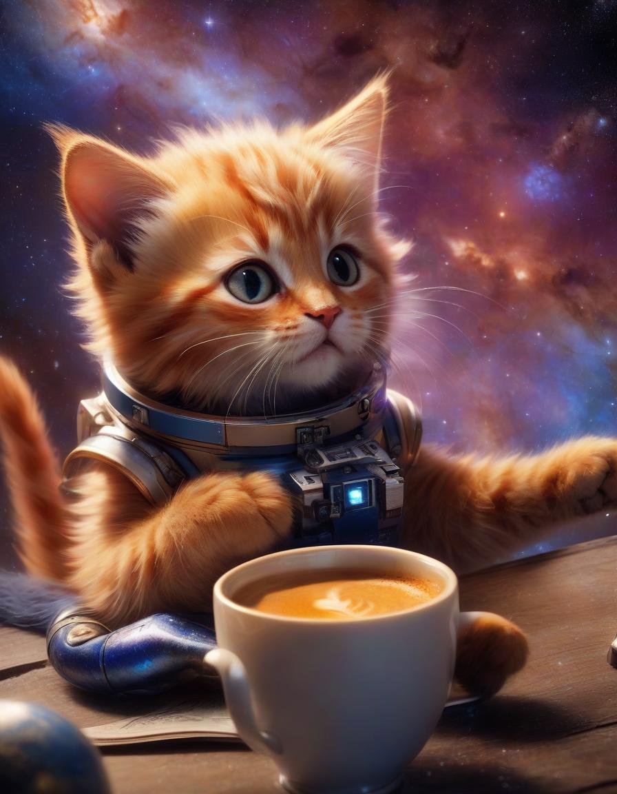  space themed a kitten sitting next to a cup of coffee, furry art, orange fur, avatar image, 😃😀😄☺️🙃😉😗, portrait of small, furry shot, extremely high resolution, ☕️ on the table, fluffy hair, covered in, smileeeeeee, in the morning, exploitable image, powering up, high quality picture . cosmic, celestial, stars, galaxies, nebulas, planets, science fiction, highly detailed