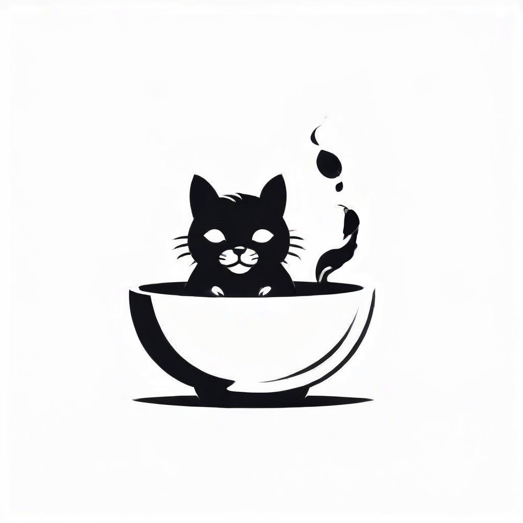  silhouette style draw a logo for a chinese teahouse using a picture of a bowl for tea, cat and sea . high contrast, minimalistic, black and white, stark, dramatic, logo