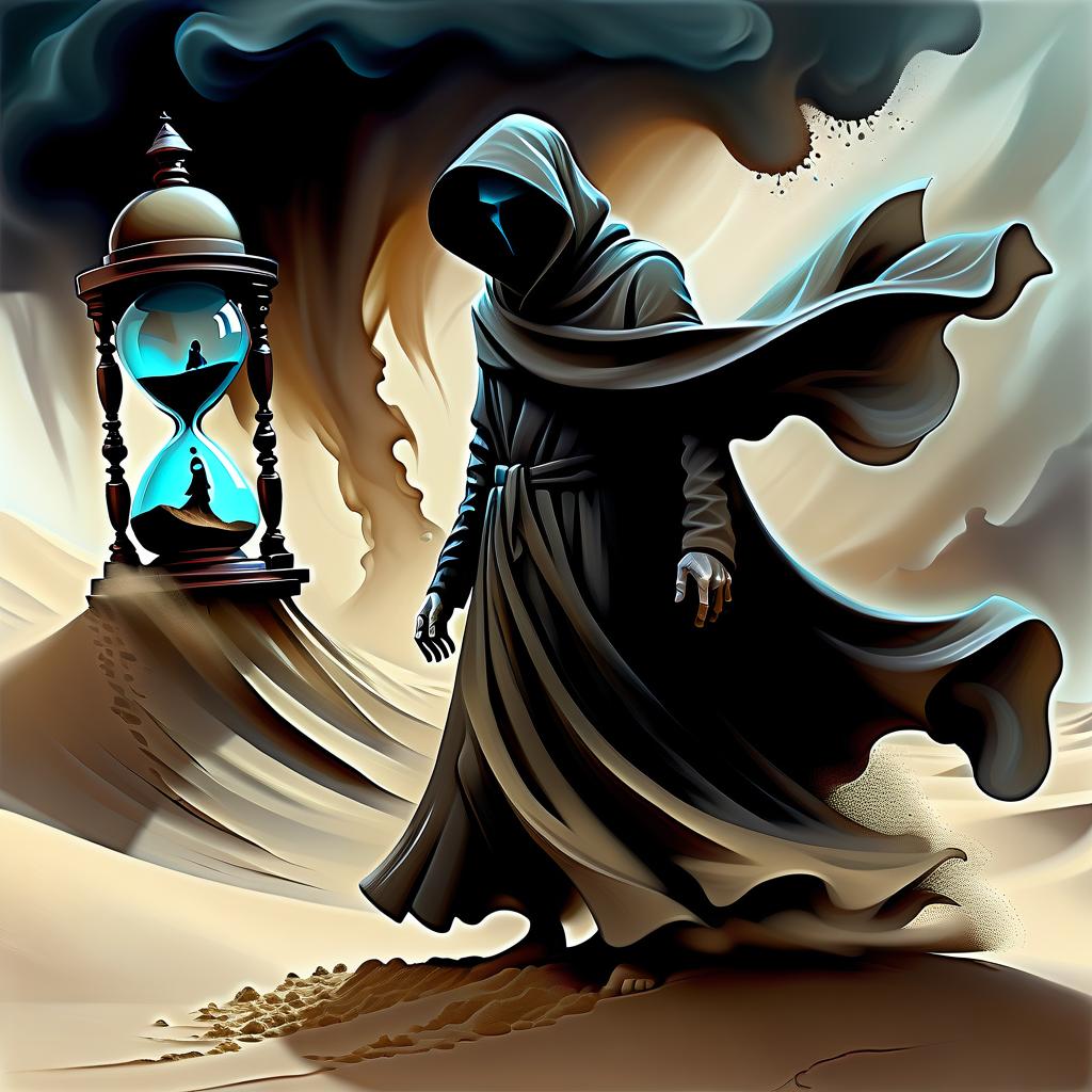  horror themed (double exposure surreal painting:1.3), (mysterious figure:1.2) of a (wanderer:1.3) dissolving in a (sandstorm:1.2), wrapped in a (flowing cloak:1.2) with a (masked face:1.1). behind him, a (giant hourglass:1.3) looms, its glass reflecting the (chaotic grains of sand:1.2) swirling around. the wanderer's features blend seamlessly with the (flying sand:1.3), creating a (dynamic fusion:1.2) of elements. the use of a (palette knife:1.2) adds (bold textures:1.3) and (expressive strokes:1.1), while the (desaturated tones:1.2) evoke a (dreamlike atmosphere:1.3). this multi layered surrealism composition captures the essence of (dark fantasy:1.2), embodying a (masterpiece:1.3) of splash art. . eerie, unsettling, dark, spooky, suspense