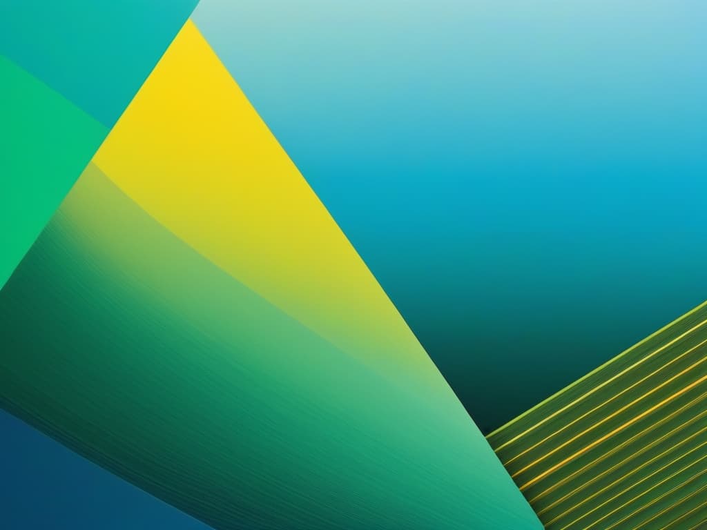  modern, abstract art piece featuring a combination of vertical lines and geometric shapes. the layout includes a series of vertical, multicolored lines that create a sense of depth and texture. the background consists of a gradient of green and yellow hues, resembling a field, with white spherical shapes distributed throughout, adding a three dimensional effect. in the foreground, there are pink and blue triangular forms that appear to be rising from the bottom, contributing to the layered composition. the overall style is contemporary and visually dynamic, with a focus on color contrast and spatial arrangement.