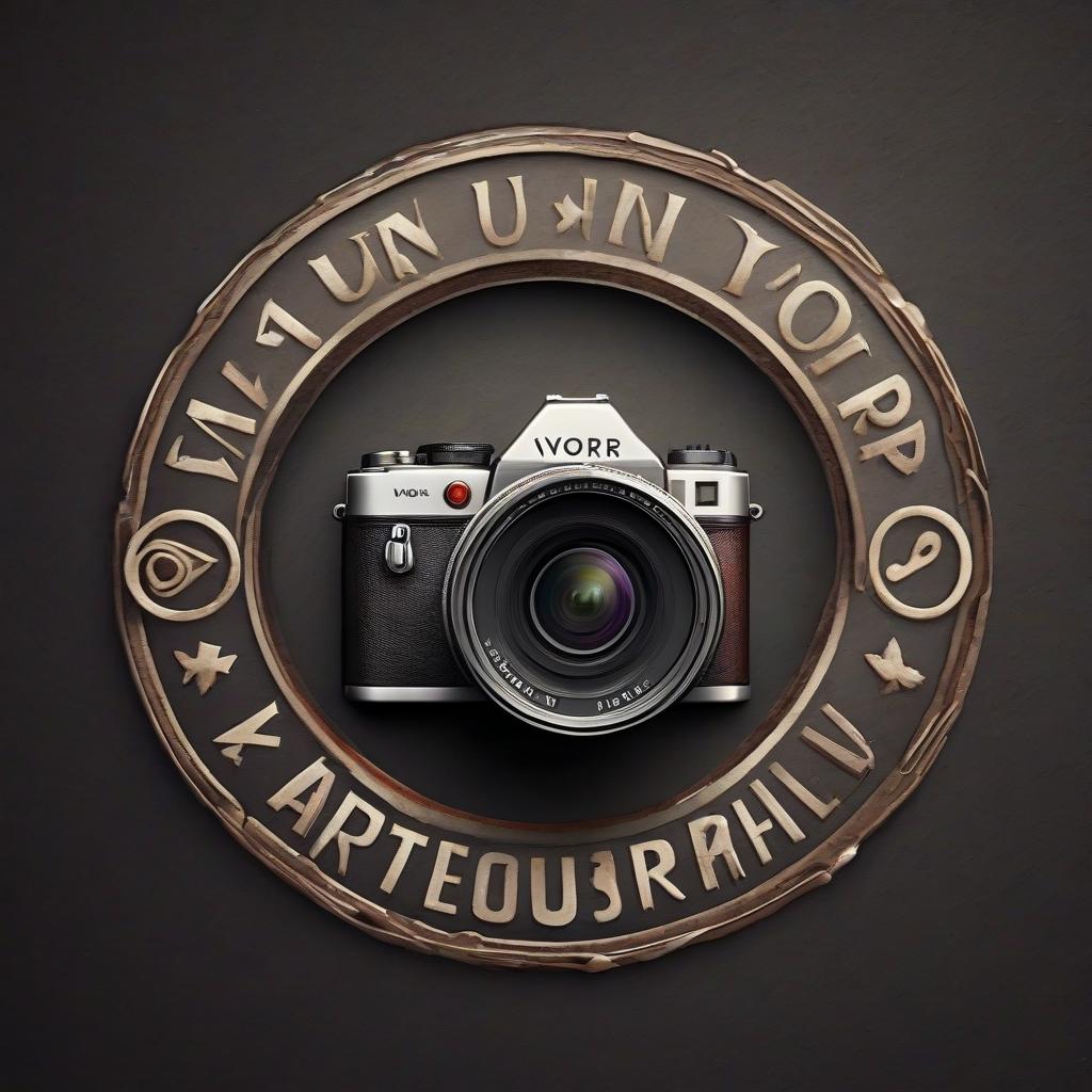  hyperrealistic art photographer's logo with camera, creative inscription "vor4un m" . extremely high resolution details, photographic, realism pushed to extreme, fine texture, incredibly lifelike