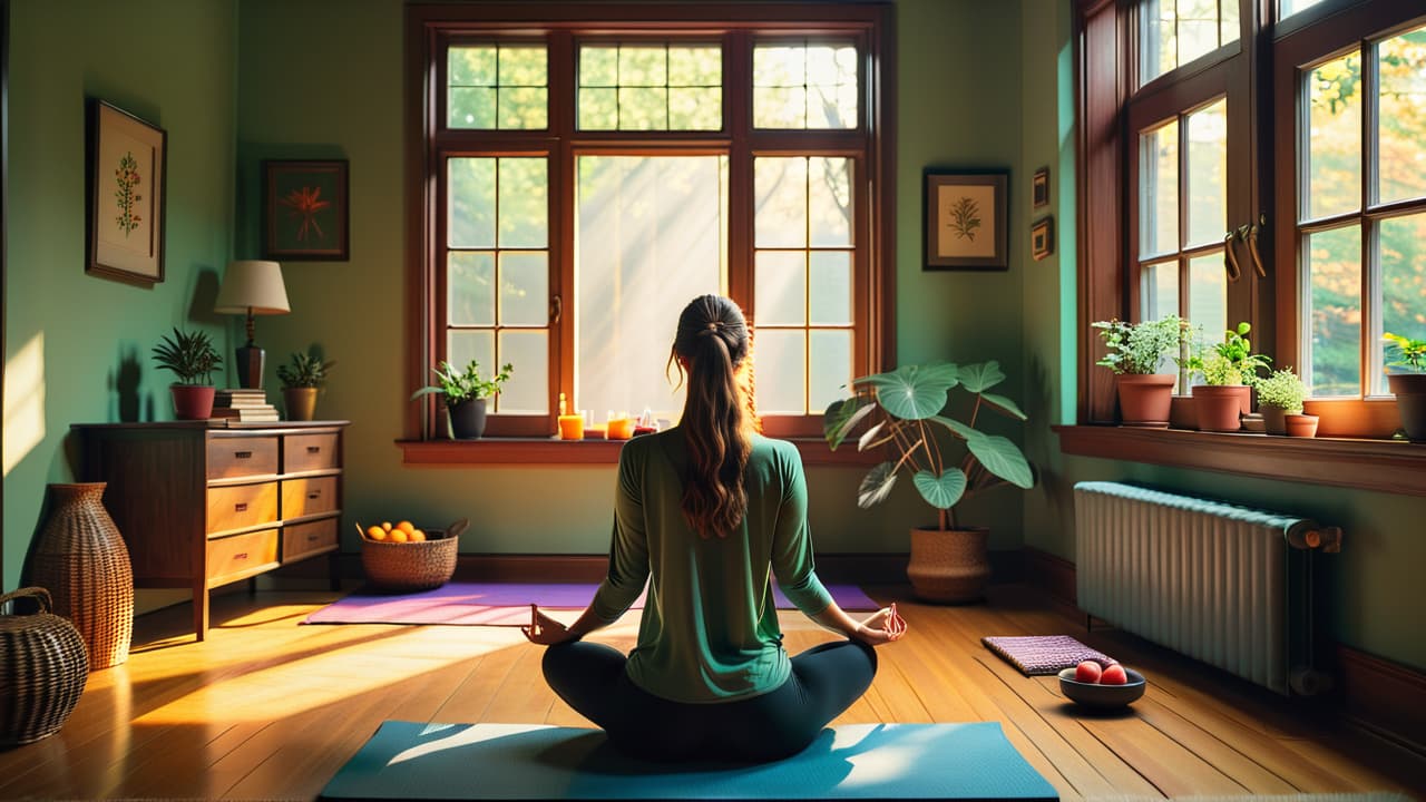  a serene morning scene featuring a sunlit bedroom with an open window, a person meditating on a yoga mat, fresh fruits on a bedside table, and a journal beside a steaming cup of herbal tea. hyperrealistic, full body, detailed clothing, highly detailed, cinematic lighting, stunningly beautiful, intricate, sharp focus, f/1. 8, 85mm, (centered image composition), (professionally color graded), ((bright soft diffused light)), volumetric fog, trending on instagram, trending on tumblr, HDR 4K, 8K