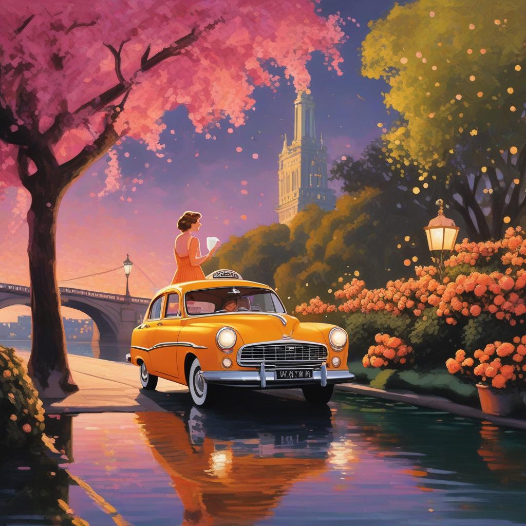  masterpiece, best quality, (fidelity:1.4), best quality, masterpiece, ultra high resolution,8k resolution, night scene inspired by La La Land, featuring orange and yellow lit Seine and green willows, with an ice cream cart by the river. Outside the car is Audrey Hepburn carrying pink Haagen-Dazs ice cream, wearing a black evening dress and a bouquet of roses under her arm