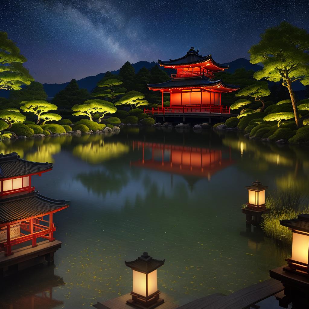  masterpiece, best quality, (Fidelity: 1.4), Best Quality, Masterpiece, Ultra High Resolution, 8k resolution, A night view inspired by Japanese art, featuring a garden illuminated by paper lanterns and a wooden bridge spanning a tranquil lake, by the lakeside, there is a small Zen temple. The water reflects the starry sky.