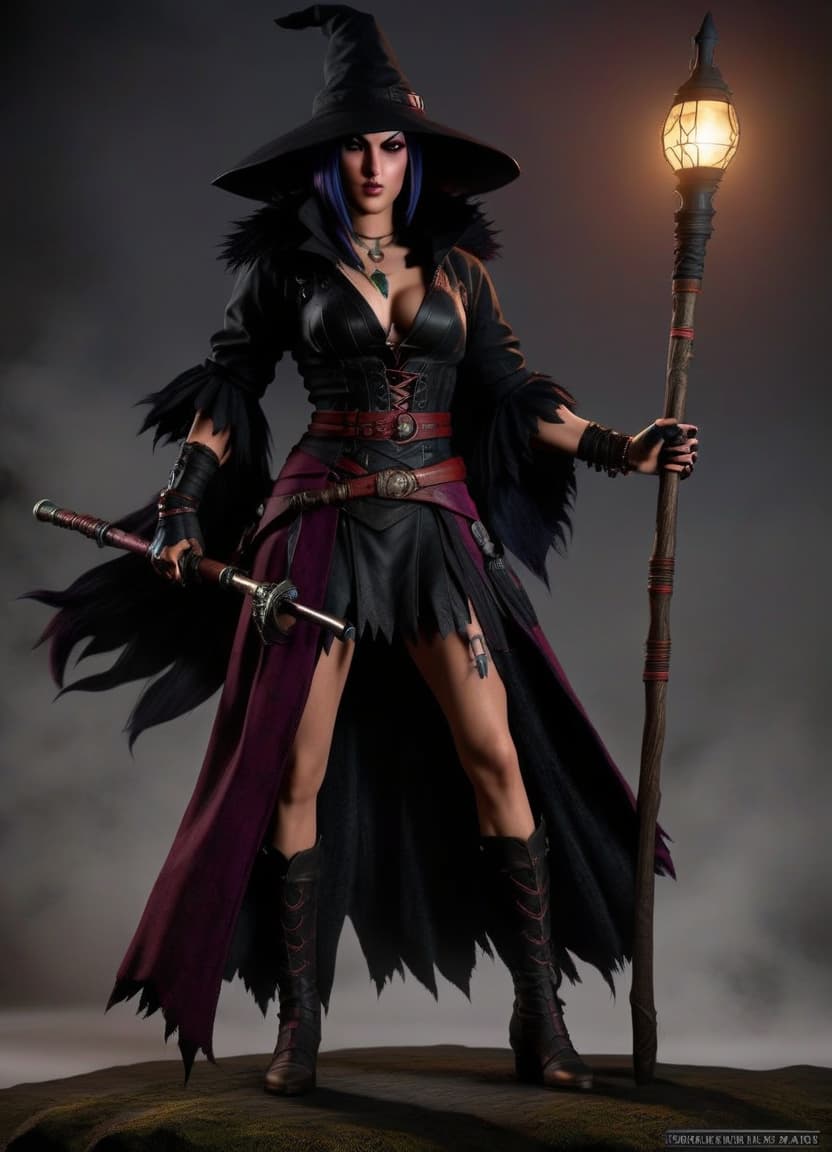  hyperrealistic art hyperrealism, masterpiece, full length character concept art, morrigan is a witch from the wild lands, from the game dragon age origin, attractive appearance, but at the same time daring, dressed in an attractive outfit, holding a staff in the style of dark fantasy, (high contrast: 0.8), high detail, bright saturated details, clear shadows and highlights, . extremely high resolution details, photographic, realism pushed to extreme, fine texture, incredibly lifelike