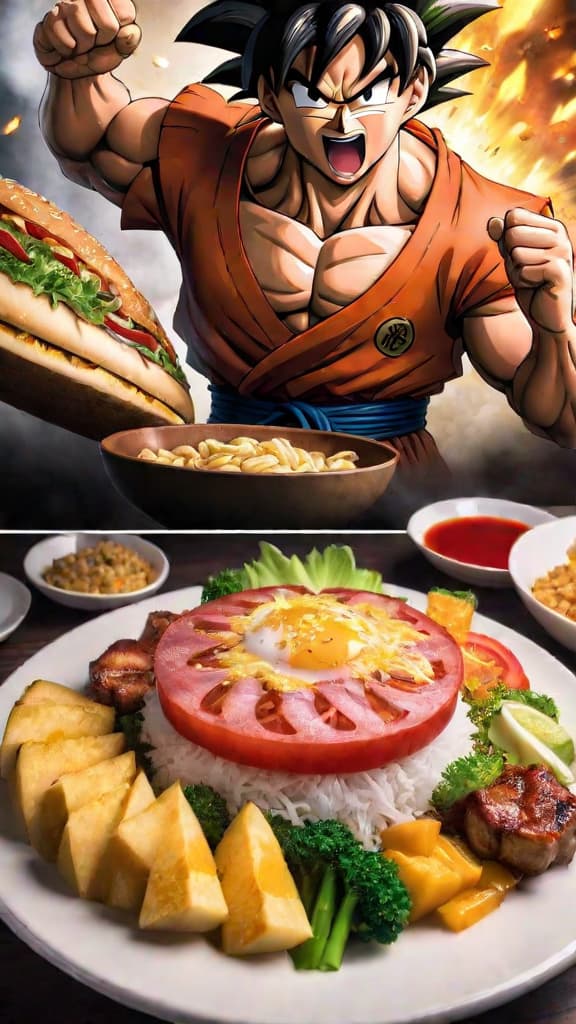  anime art of protagonists like goku and luffy showcasing their insatiable hunger in epic, humorous eating scenes. hyperrealistic, full body, detailed clothing, highly detailed, cinematic lighting, stunningly beautiful, intricate, sharp focus, f/1. 8, 85mm, (centered image composition), (professionally color graded), ((bright soft diffused light)), volumetric fog, trending on instagram, trending on tumblr, HDR 4K, 8K