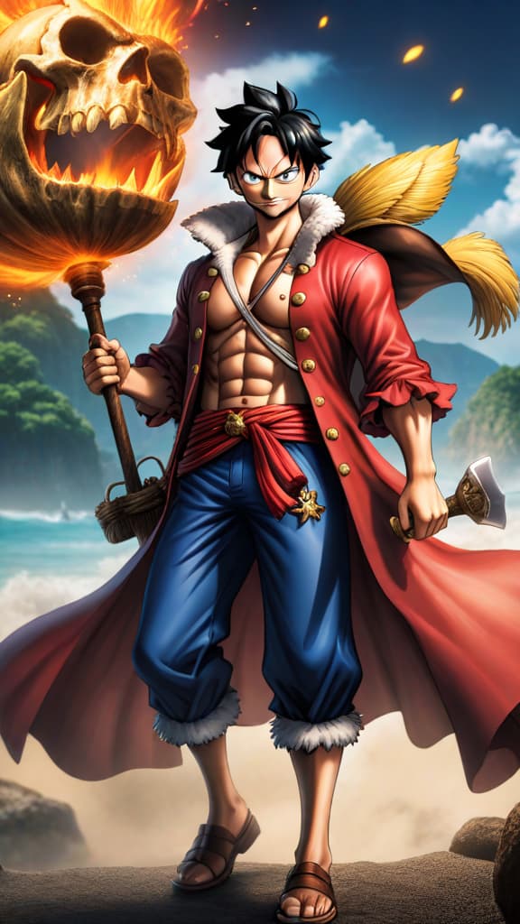  anime art: luffy unveils advanced conqueror's haki, ready to counter blackbeard's dual devil fruit powers. hyperrealistic, full body, detailed clothing, highly detailed, cinematic lighting, stunningly beautiful, intricate, sharp focus, f/1. 8, 85mm, (centered image composition), (professionally color graded), ((bright soft diffused light)), volumetric fog, trending on instagram, trending on tumblr, HDR 4K, 8K