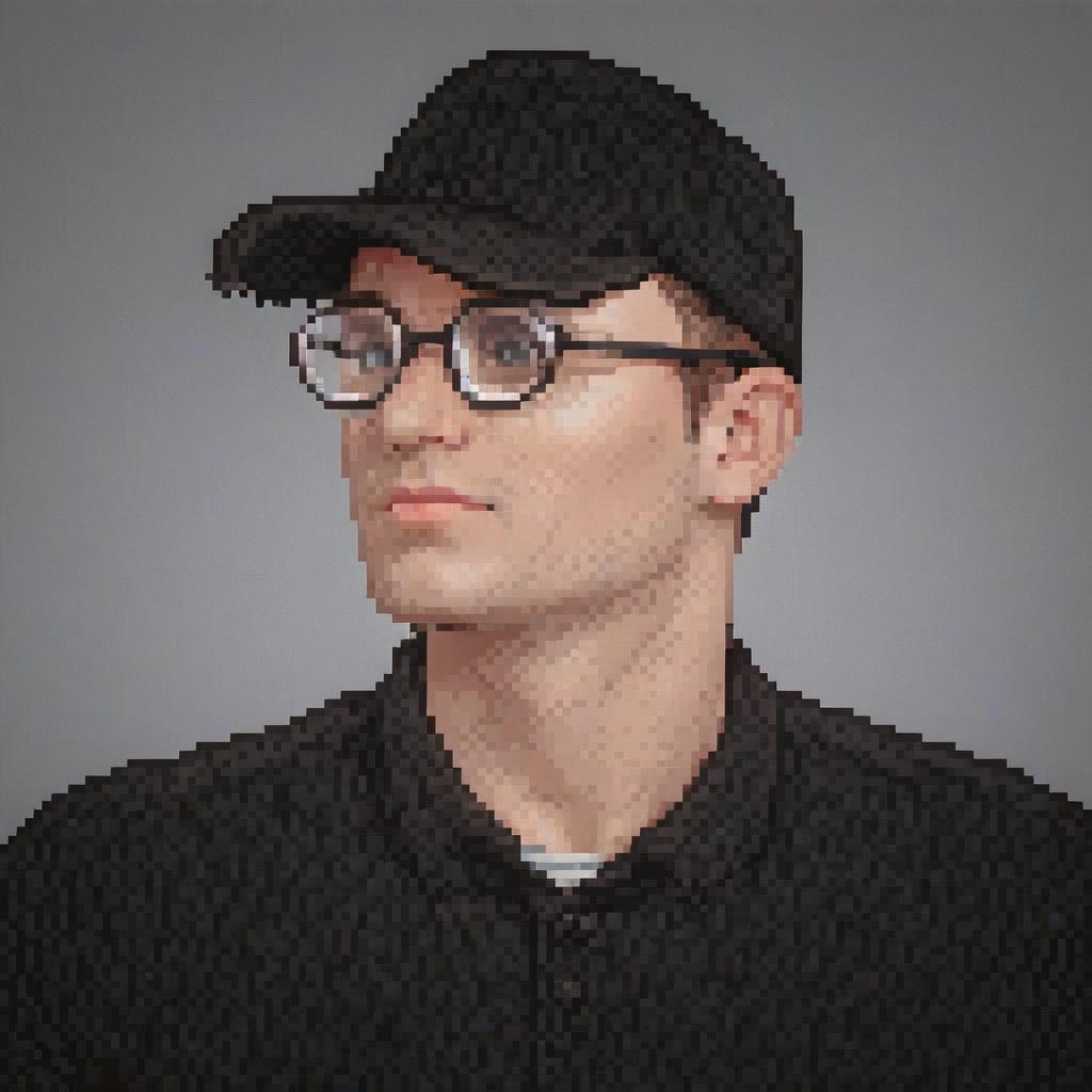  pixel art white background, big round glasses . low res, blocky, pixel art style, 8 bit graphics