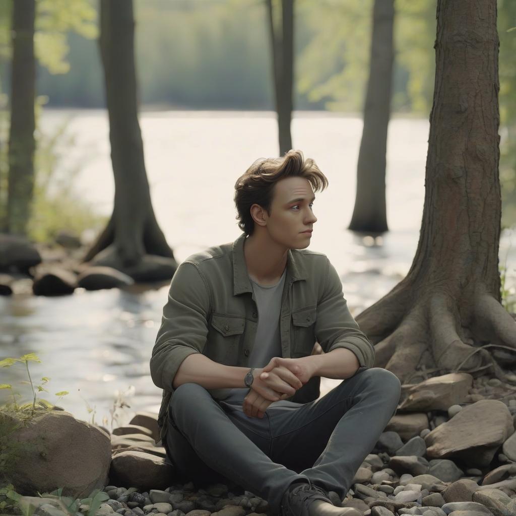  a guy sitting on a river bank in the woods