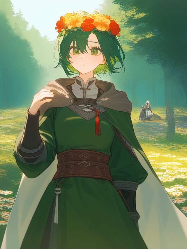  medieval,genderless,green hair,forest,short hair,flower crown,small eyesmedieval,genderless,green hair,forest,short hair,flower crown,small eyes,beautiful,highest quality,rafflesia