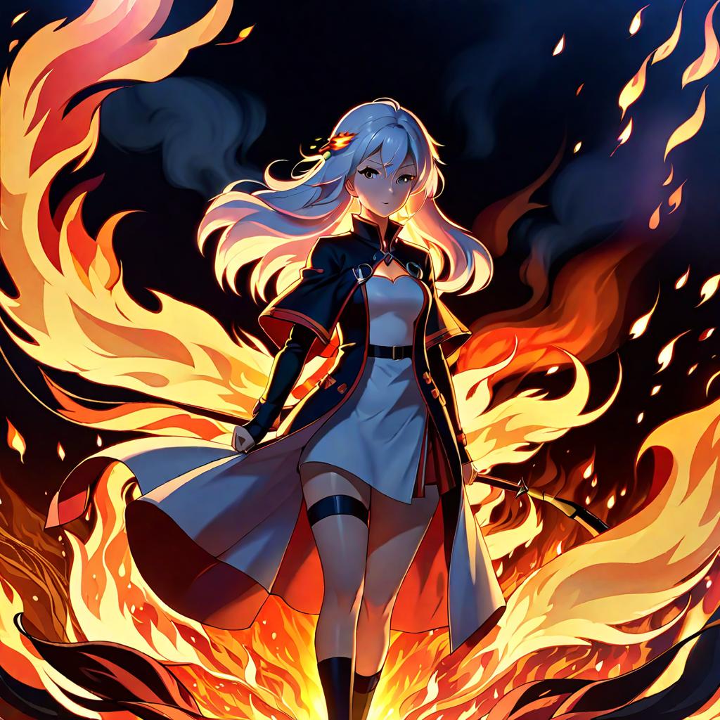  an anime art of a woman standing among the flames