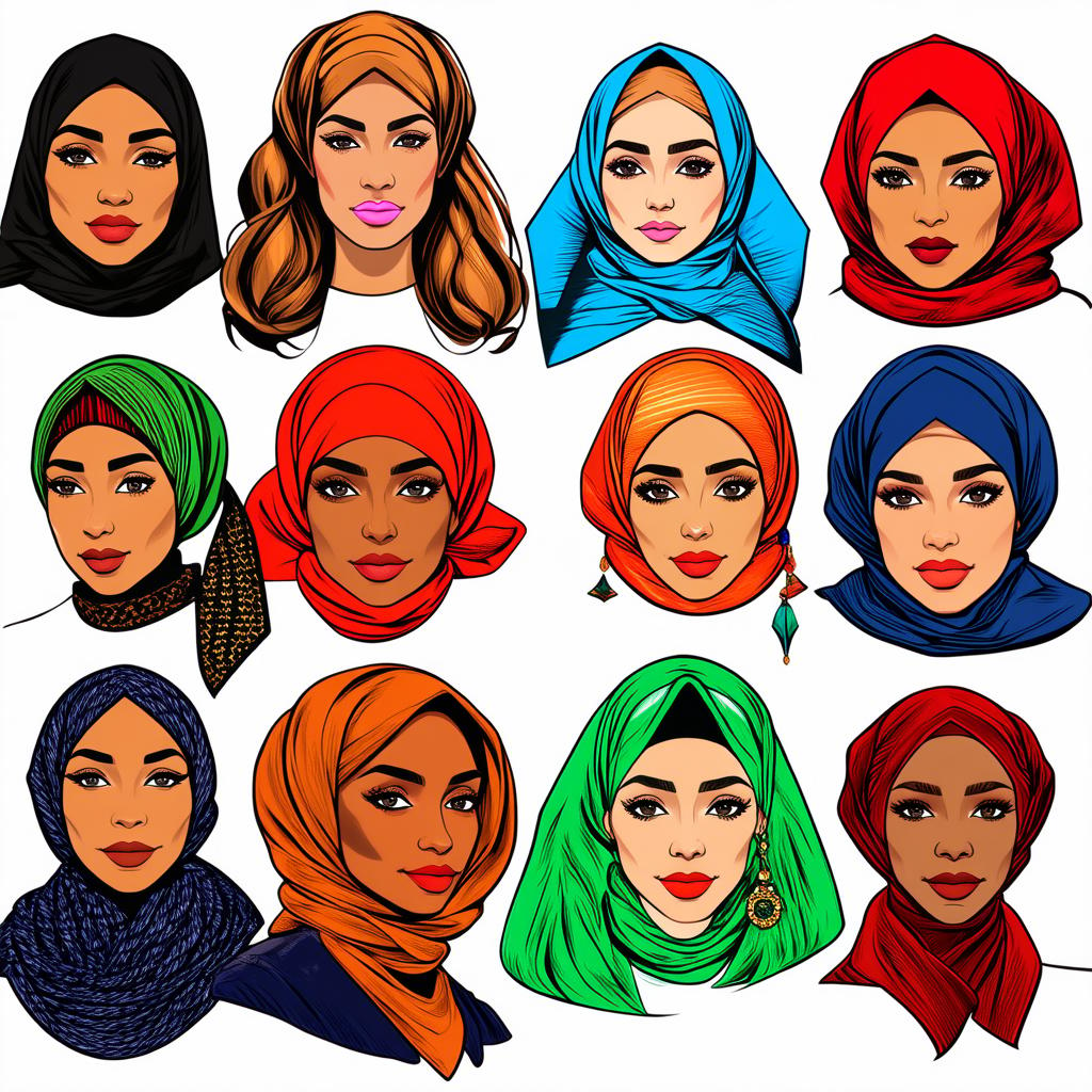  different beauty. set of different female heads in headscarf. different races and nationalities. colored hand drawn illustration {prompt}, maximum details