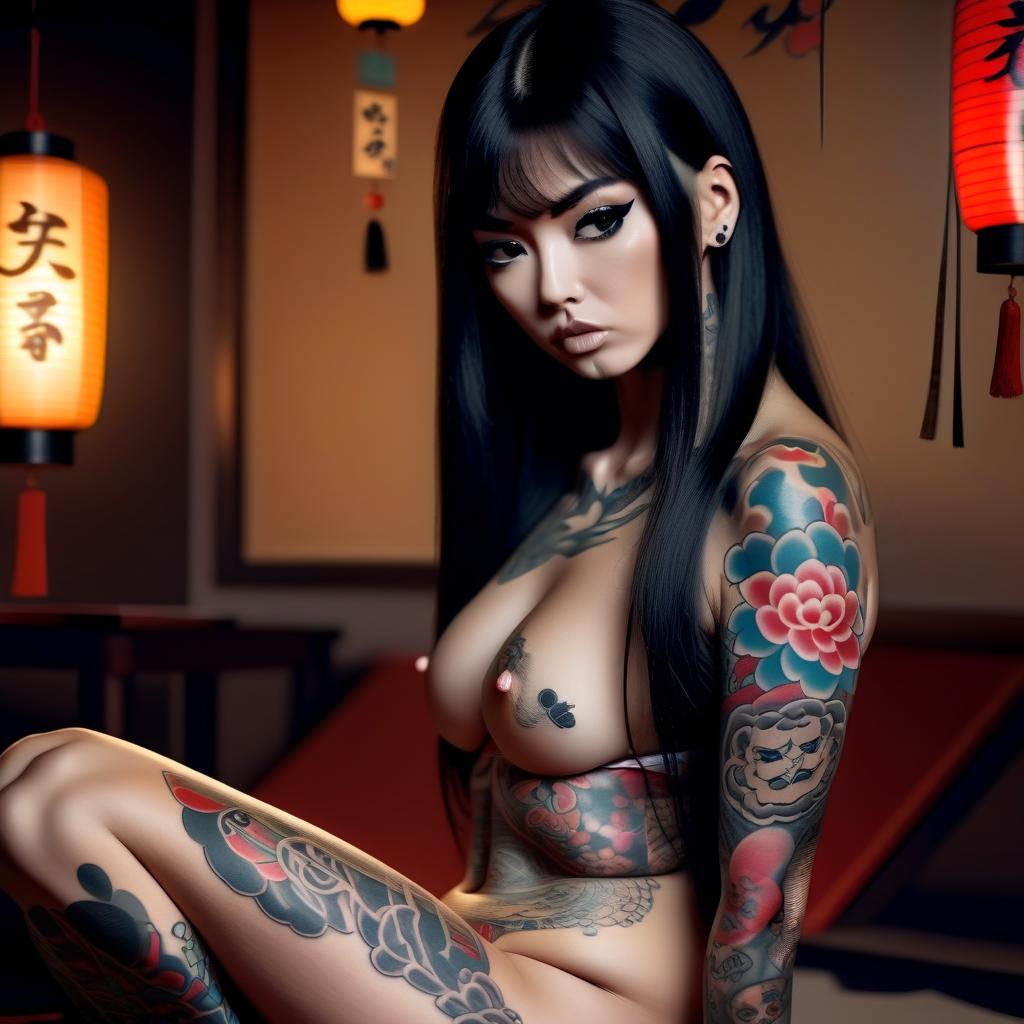  cinematic photo a woman in underwear, with tattoos in the japanese style of "irezumi" more tattoos, dark long hair, straight nose, oriental entourage, sitting in a feminine pose, background and clothes to style the edi era. . 35mm photograph, film, bokeh, professional, 4k, highly detailed