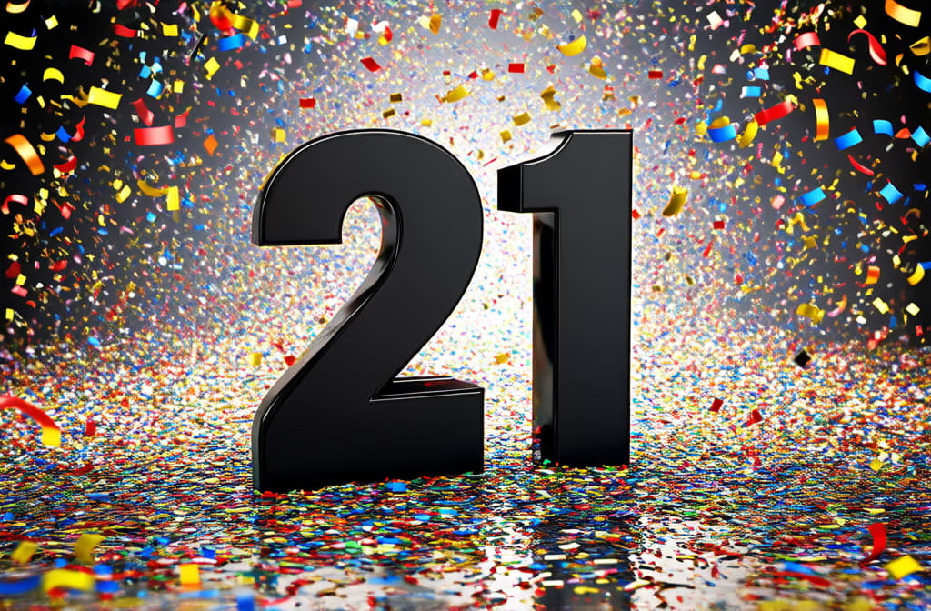  single 3d number "21" standing on solid background, confetti and ribbons falling ar 3:2 {prompt}, maximum details