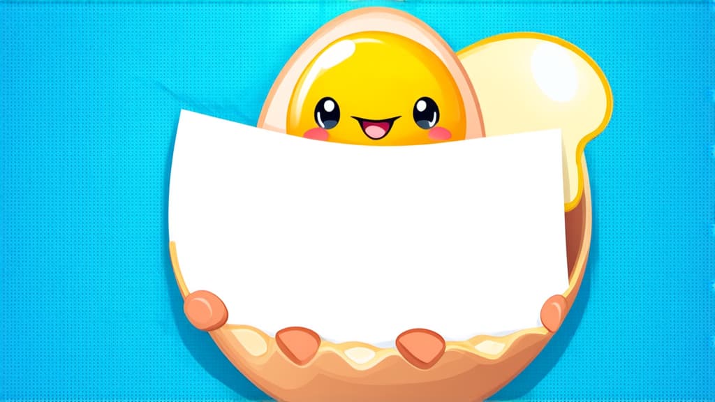  cartoon egg with yolk and cute smiling face holding an empty text block, blue background ar 16:9 {prompt}, maximum details