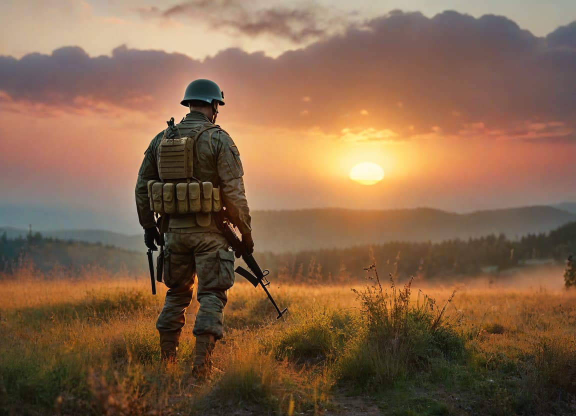  cinematic photo the soldier goes into the sunset in blood . 35mm photograph, film, bokeh, professional, 4k, highly detailed, film photography style hyperrealistic, full body, detailed clothing, highly detailed, cinematic lighting, stunningly beautiful, intricate, sharp focus, f/1. 8, 85mm, (centered image composition), (professionally color graded), ((bright soft diffused light)), volumetric fog, trending on instagram, trending on tumblr, HDR 4K, 8K