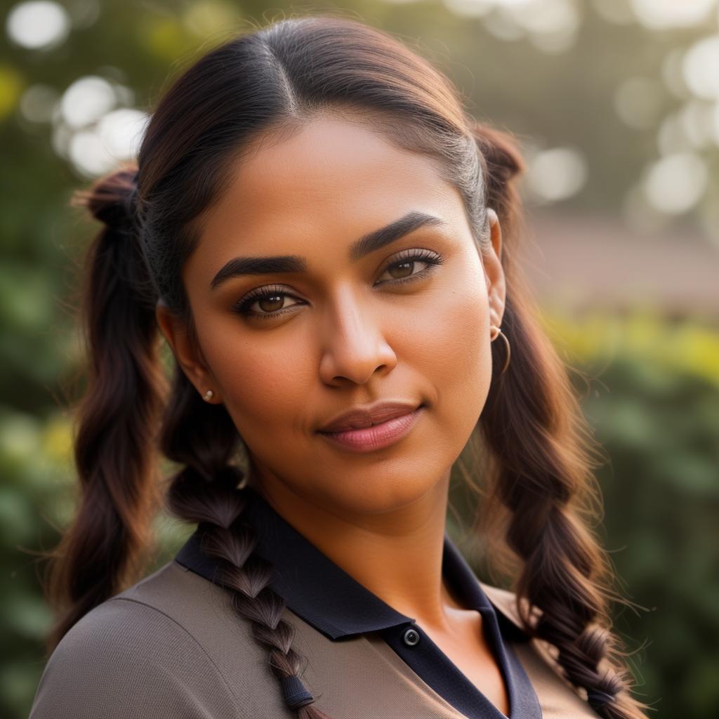  (((realistic full torso frontal head shot of a light brown to medium brown skin tone woman))), jaya tanvi saha, ((indian heritage)), immature face, hazel eye color, ((pigtails hair style)), ((black hair color)), (( body type)), small size, big size, (immature straight wide nose), (immature round cheeks), (immature defined jawline), (immature full lips), (immature medium forehead), (immature even eyebrows), (immature slightly rounded chin), standing straight looking directly into the camera,((wearing fitted polo shirt with deep v neck and monogrammed pocket)), backyard in background, 1girl, best quality, highest quality, award winning photo, masterpiece, raw, professional photography, photorealism, sharp focus, cinemat hyperrealistic, full body, detailed clothing, highly detailed, cinematic lighting, stunningly beautiful, intricate, sharp focus, f/1. 8, 85mm, (centered image composition), (professionally color graded), ((bright soft diffused light)), volumetric fog, trending on instagram, trending on tumblr, HDR 4K, 8K