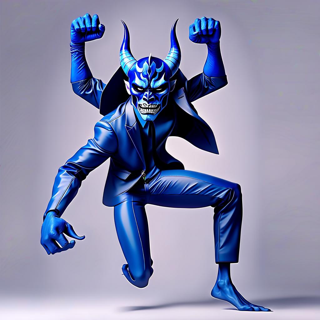  minimalist style blue demon with broken horns in a jacket with a giant right sleeve . simple, clean, uncluttered, modern, elegant, perfecteyes, perfect hands