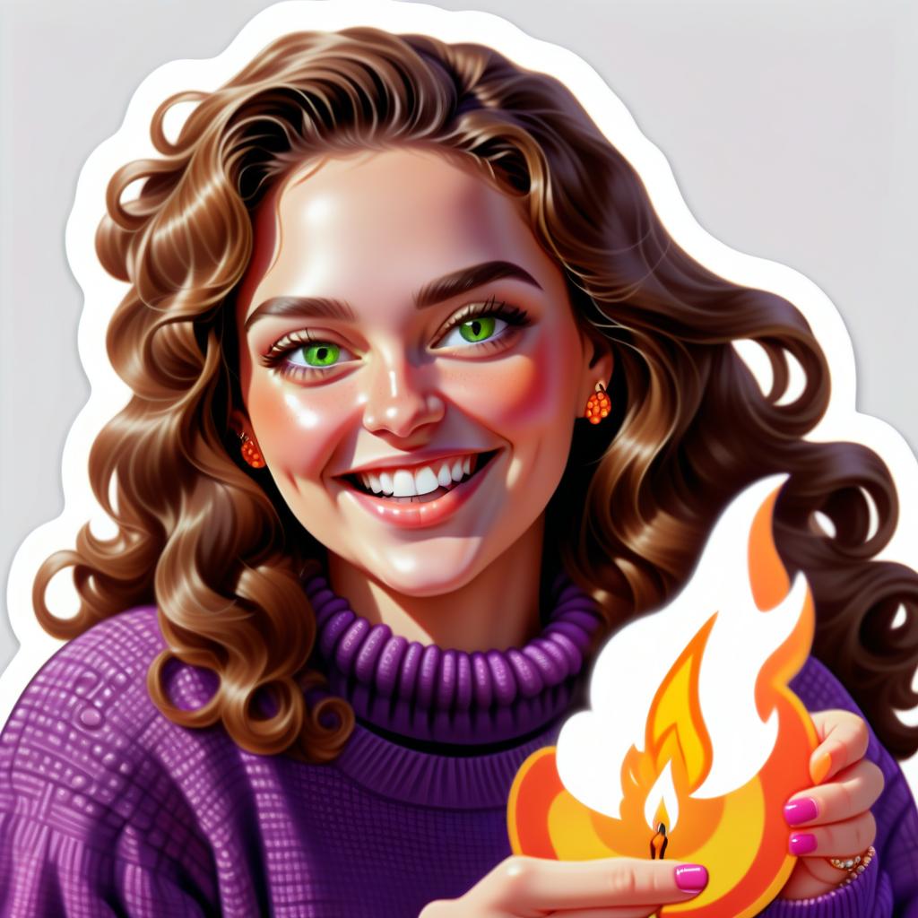  sticker on a white background a plump women with long dark brown curly wavy hair green eyes in a purple sweater and orange bright beads with lots of jewelry holds a flame in her hand and laughs a sticker with high detail completely framed stickers, sticker