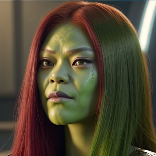  (Jennie Kim) a close up of a woman with red hair and green makeup, gamora, zendaya as she-hulk, zoe saldana, green skinned, in avengers movie, still from marvel movie, beautiful android woman, from guardians of the galaxy, marvel movie still, beautiful crying! android woman, she - hulk, skin painted with green, from a marvel movie, green skin