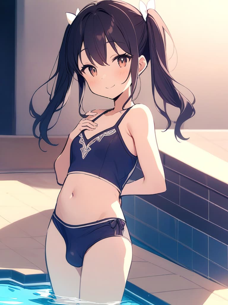  women's elementary students, twin tails, rich smiles, cute smiles, navy blue swimwear, old swimwear, swimwear, simple, male, shaped clear , shaped clear, clear stem, shaped crisp, male bulge,, front. the whole body, pool side,